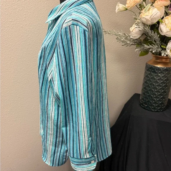 Allison Daley Teal Stripe Button Front Shirt 3/4 Sleeve Collared Blouse 12 - Picture 2 of 7